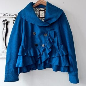 Anthropologie Elevenses Scandi Girl Teal Wool Ruffle Jacket Coat Size 6